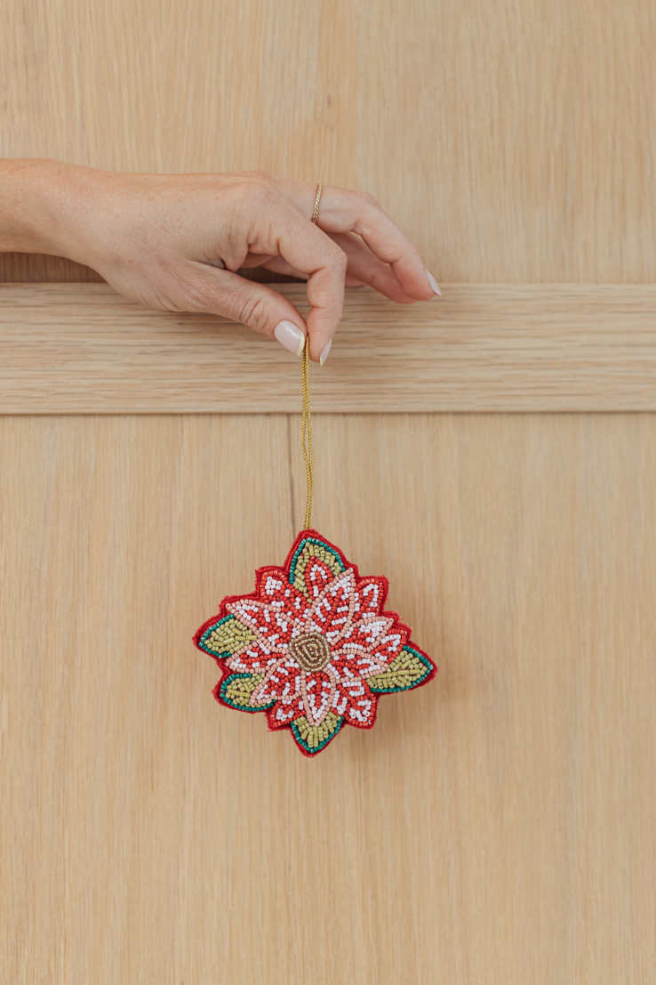 Poinsettia Beaded Hanging Ornament