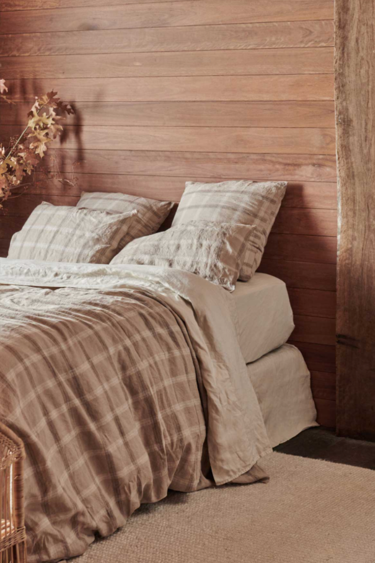 Linen European Pillowcase Set, natural plaid