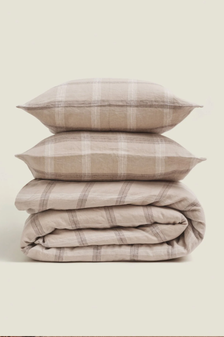Linen European Pillowcase Set, natural plaid