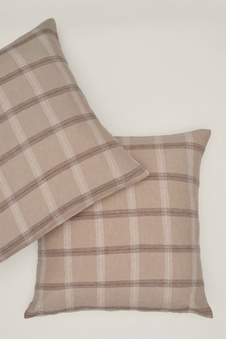 Linen European Pillowcase Set, natural plaid