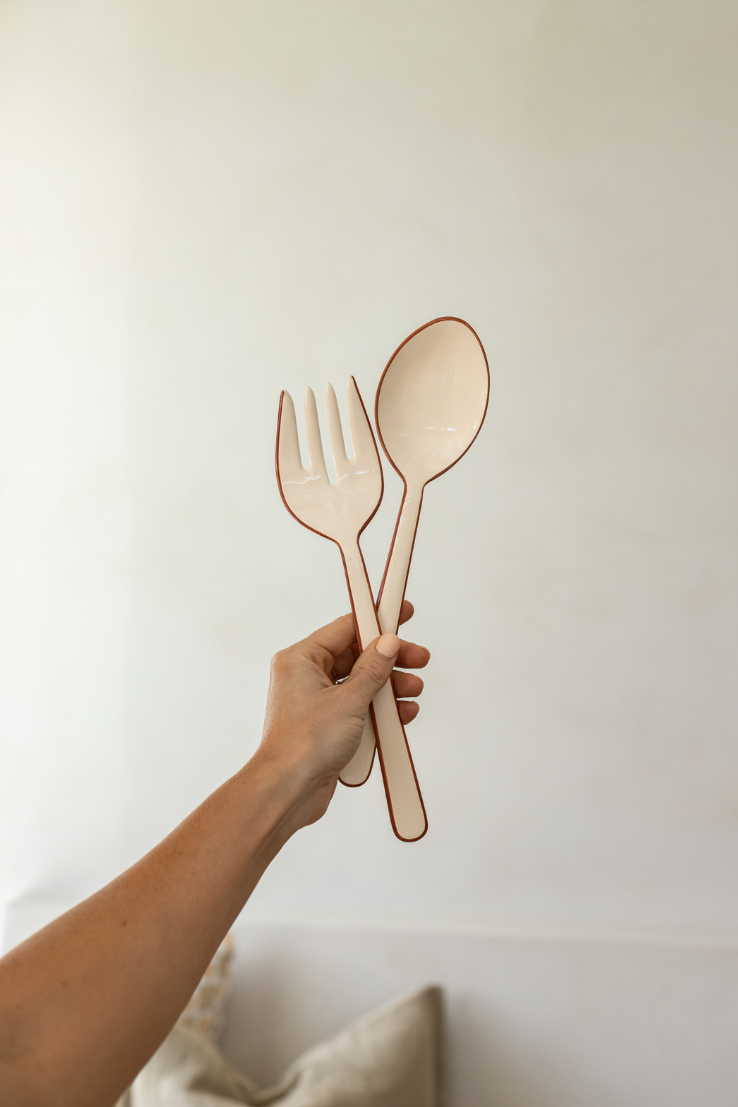 Enamel Salad Servers, Cream