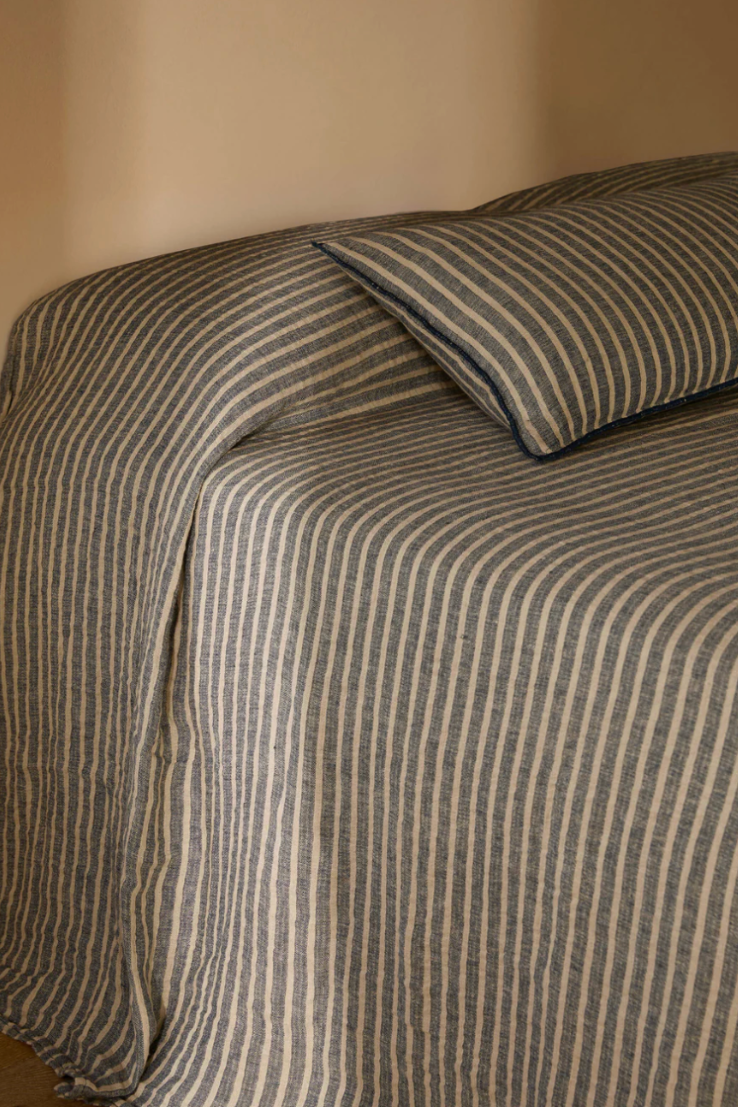 Indigo Stripe Pure Linen Bedcover