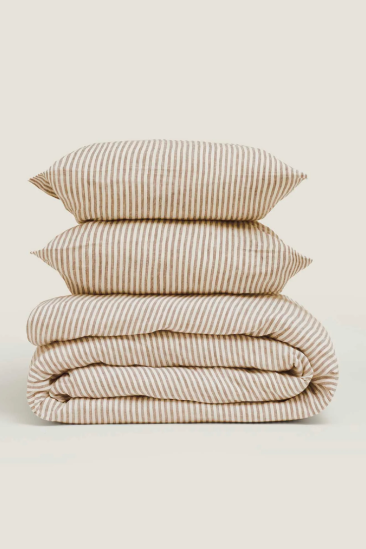 Olive Stripes 100% Linen Quilt Cover