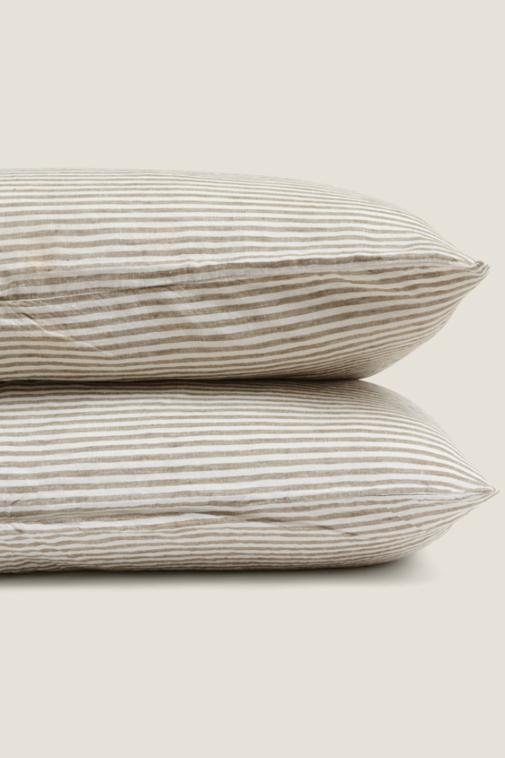 100% Linen Pillowcase Set, Olive Stripes