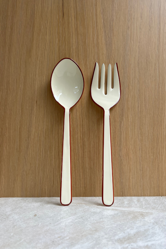 Enamel Salad Servers, Cream