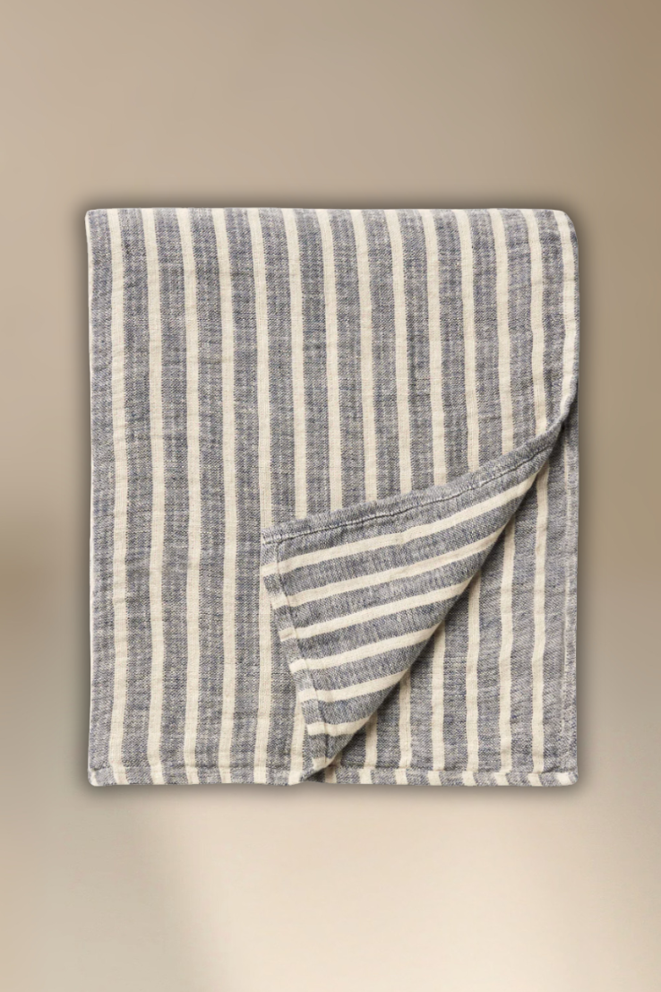 Indigo Stripe Pure Linen Bedcover