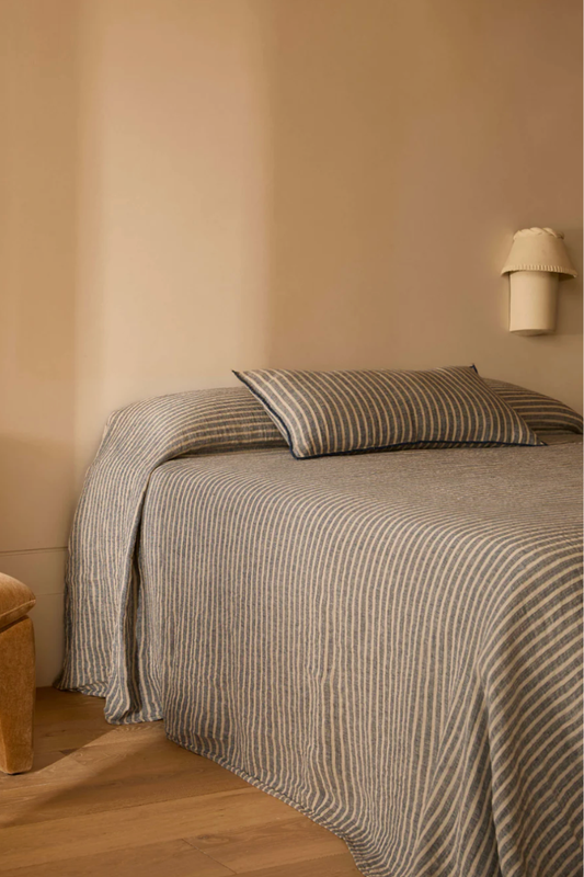 Indigo Stripe Pure Linen Bedcover
