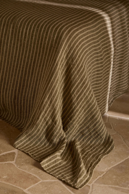 Khaki Stripe Pure Linen Bedcover