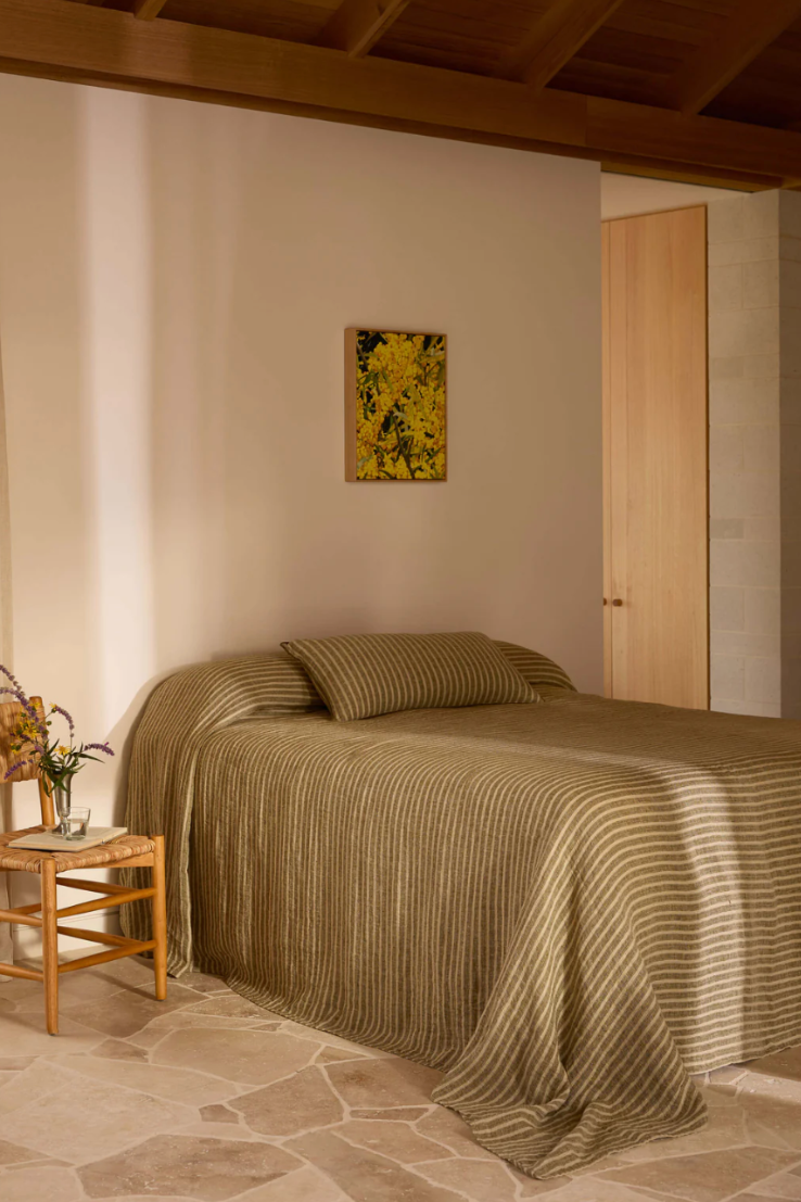 Khaki Stripe Pure Linen Bedcover