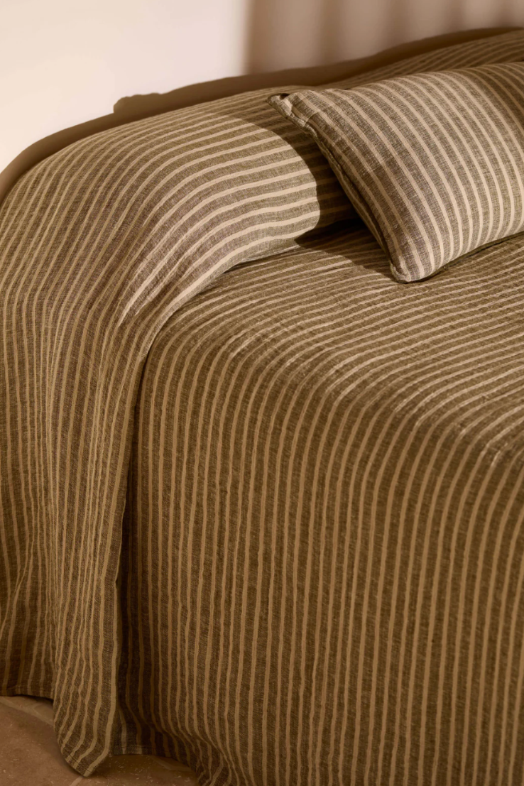 Khaki Stripe Pure Linen Bedcover