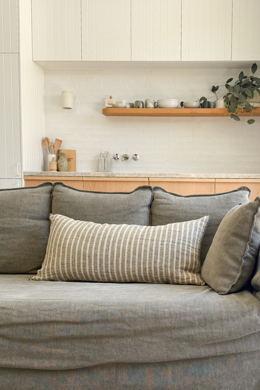 Khaki Stripe Pure Linen Lumbar Cushion