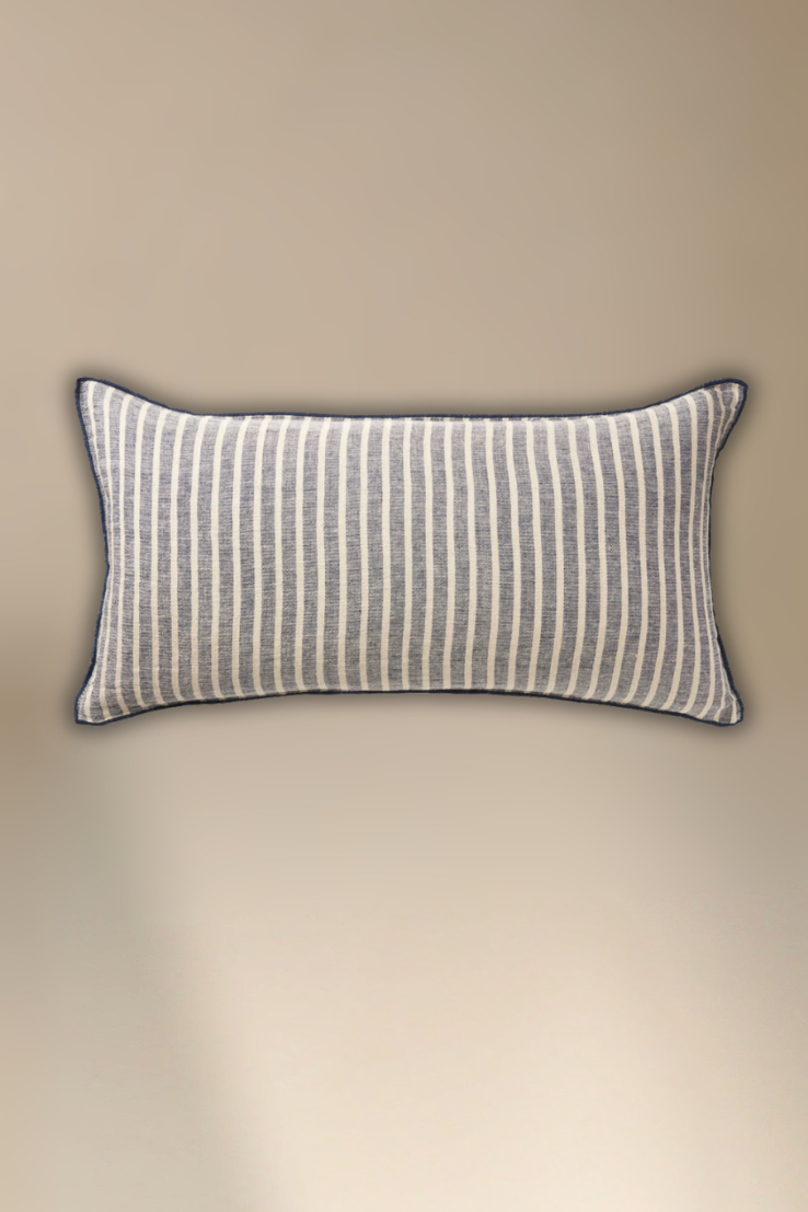 Indigo Stripe Pure Linen Lumbar Cushion